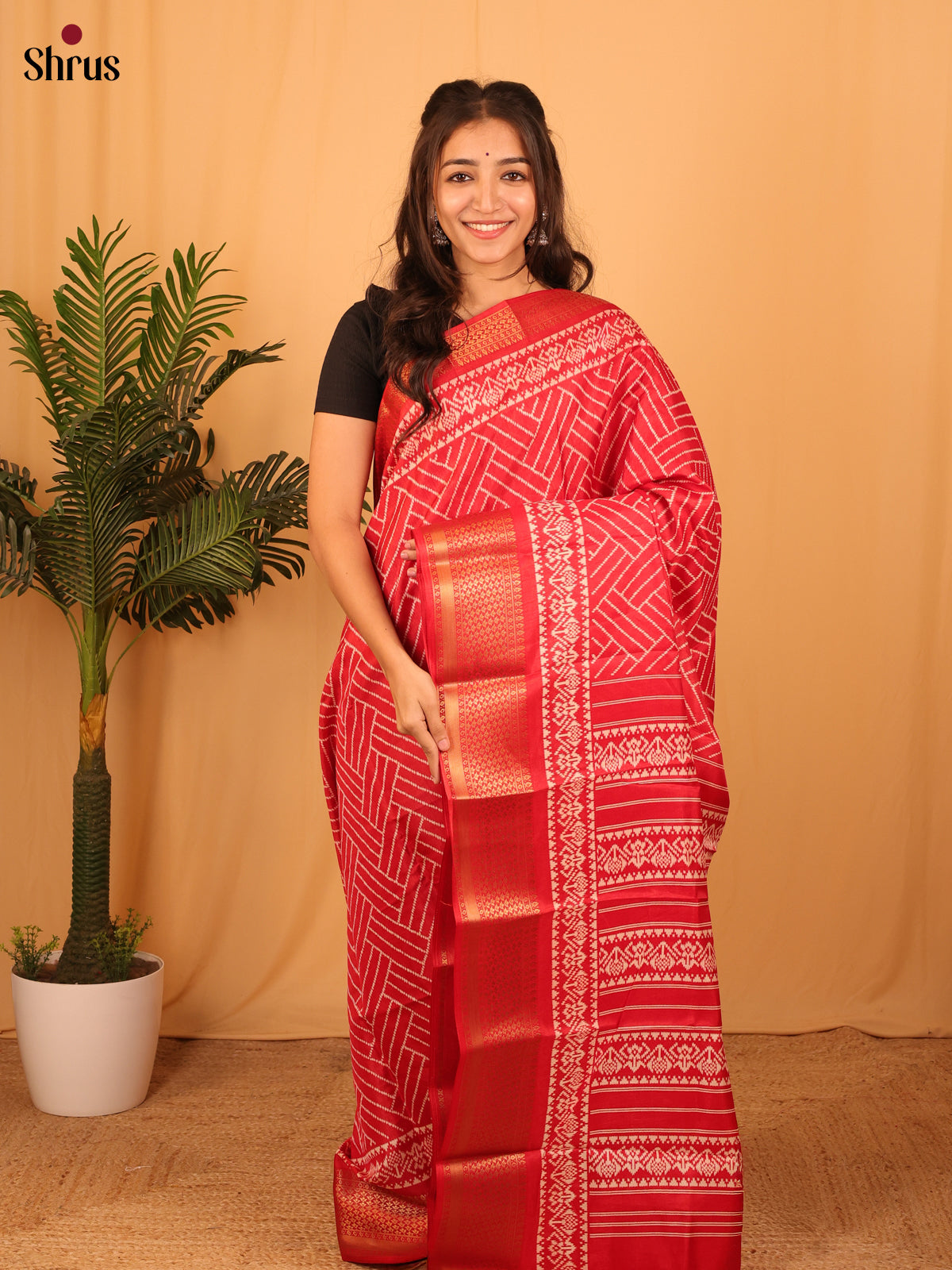 Red - Semi Crepe Saree