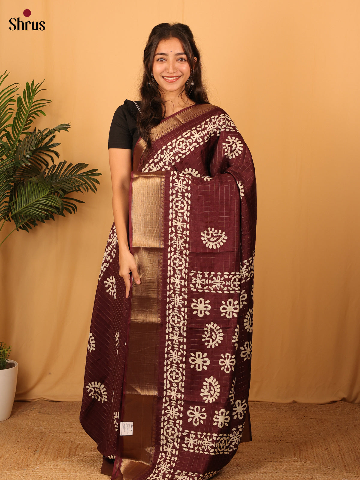 Brown - Semi Crepe Saree