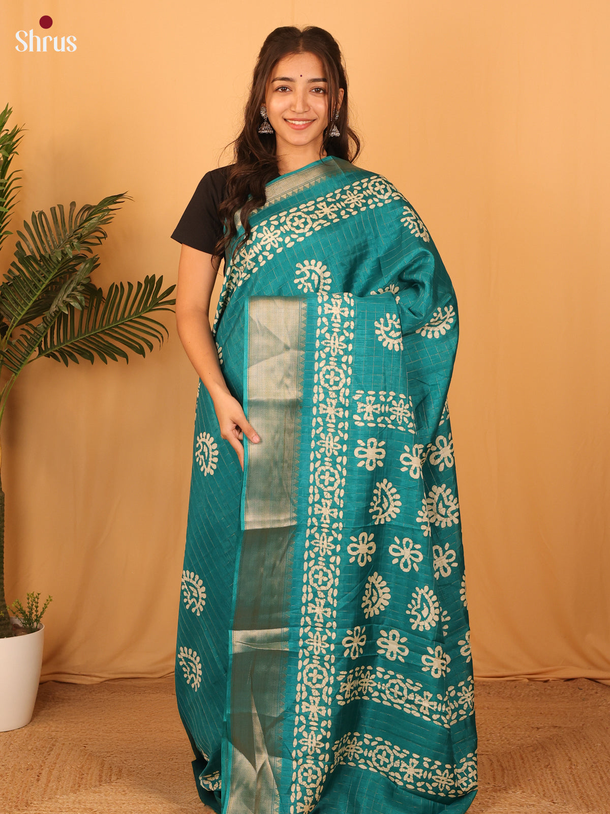 Teal - Semi Crepe Saree