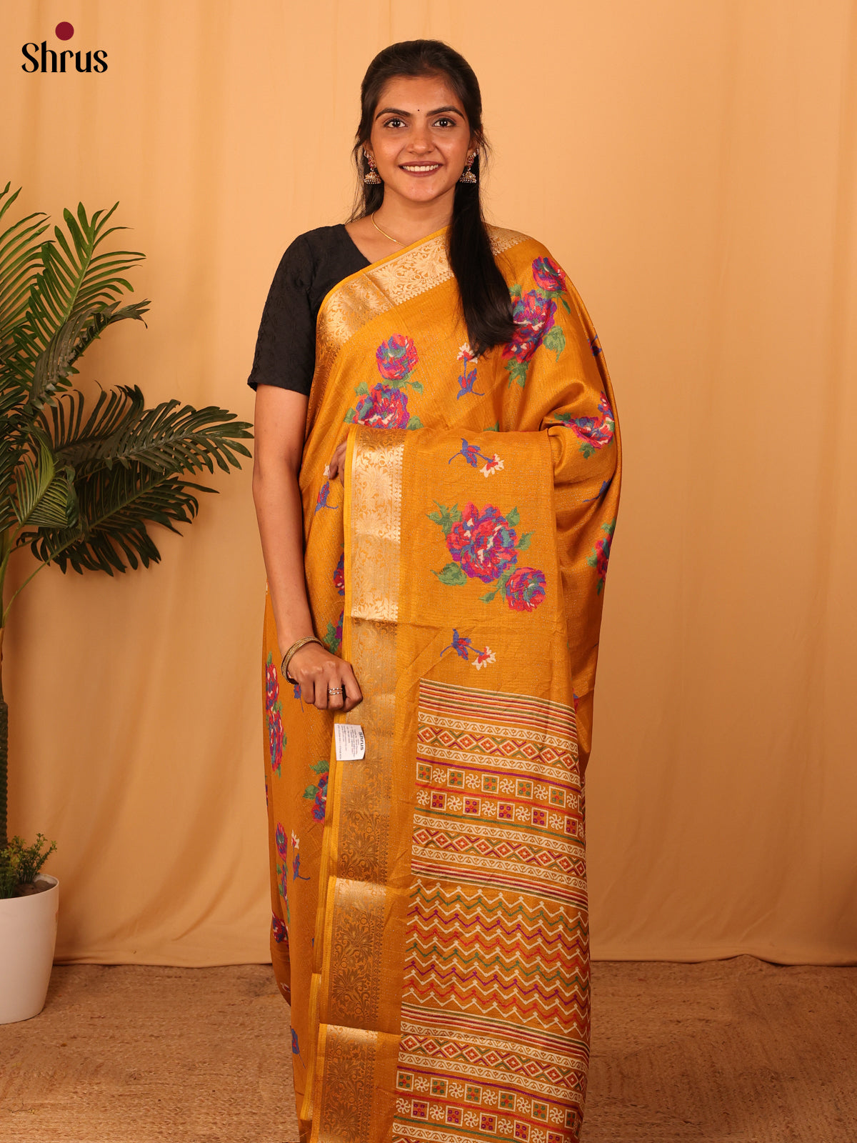 Mustard - Semi Crepe Saree