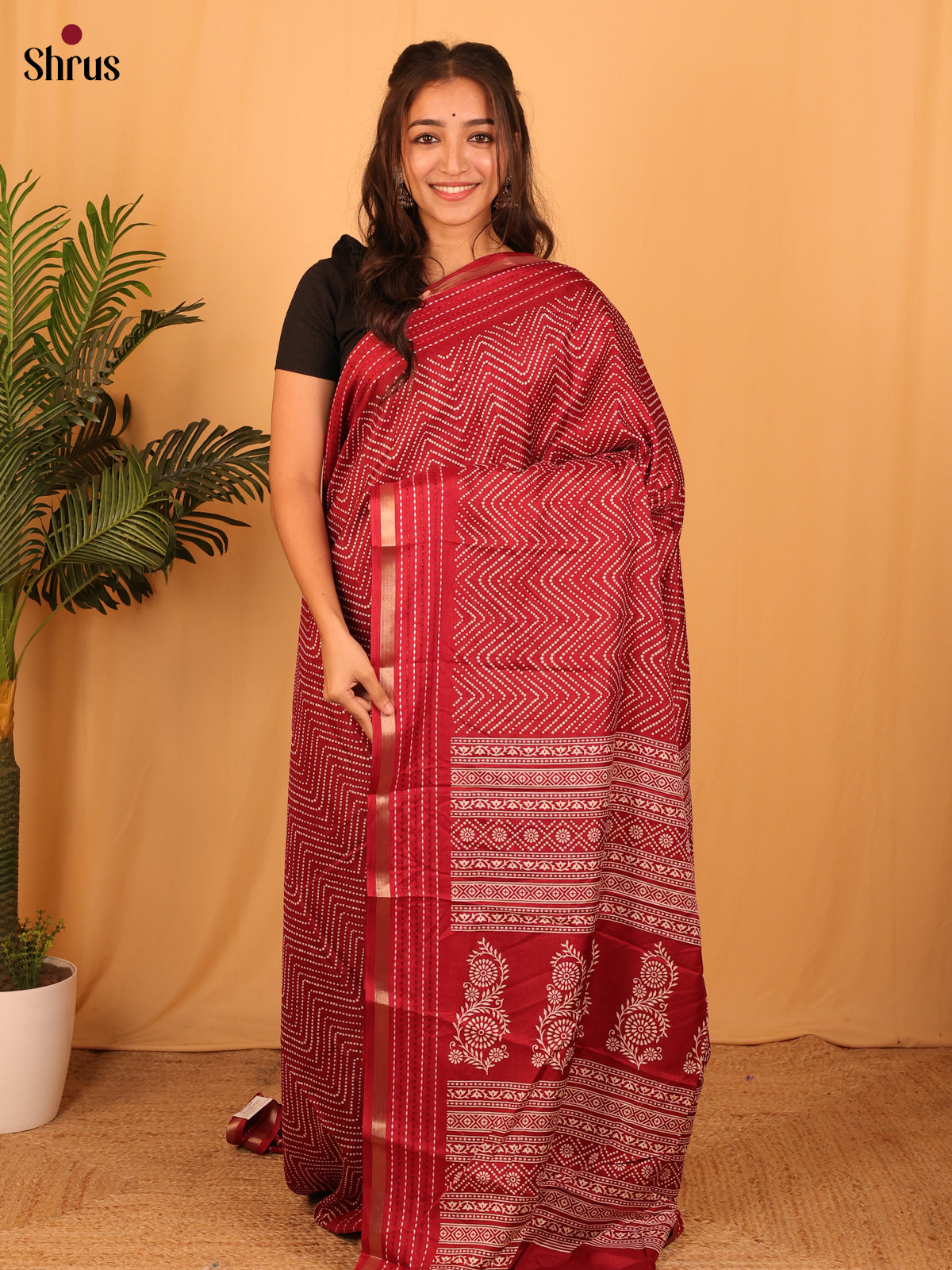 Maroon - Semi Crepe Saree