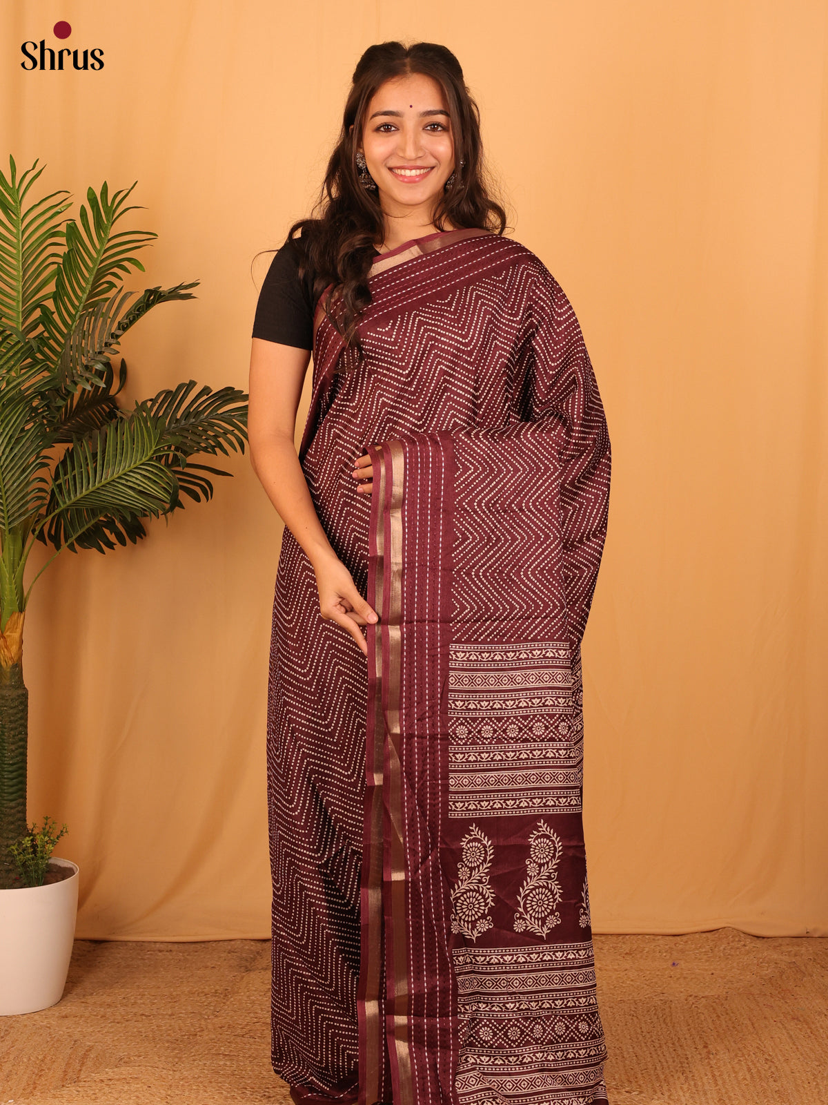 Brown  - Semi Crepe Saree