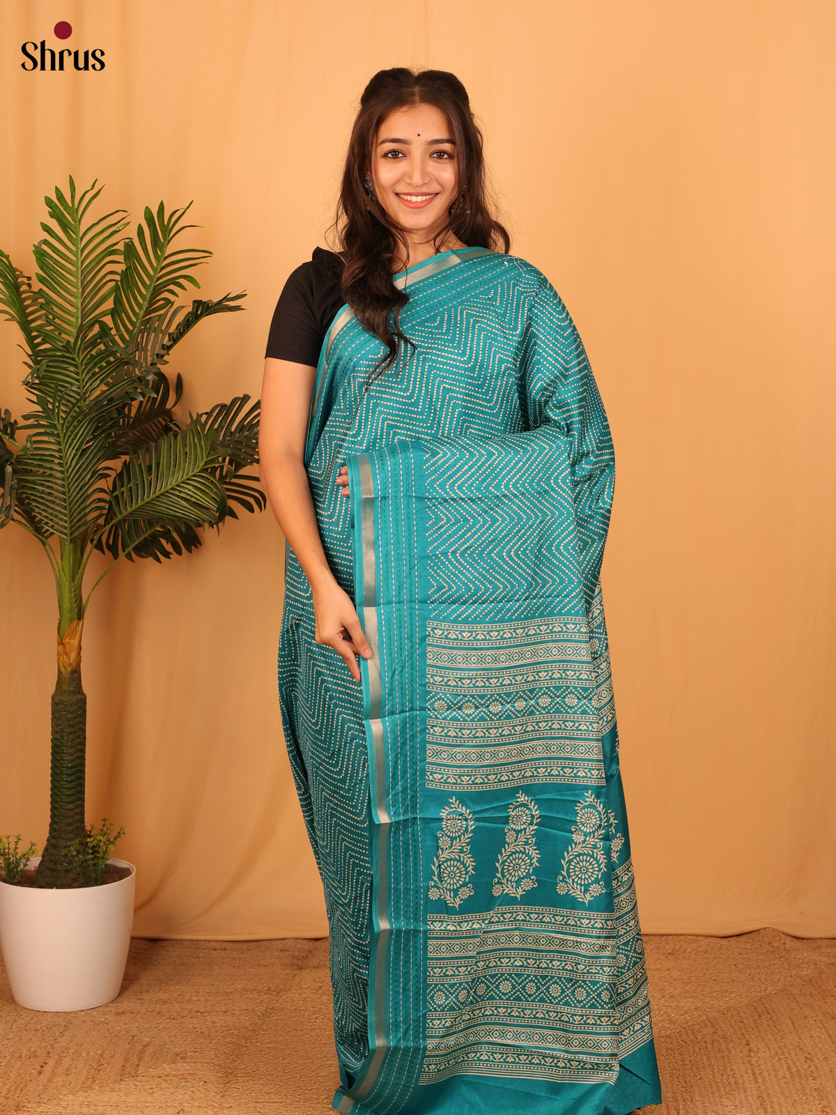 Teal - Semi Crepe Saree