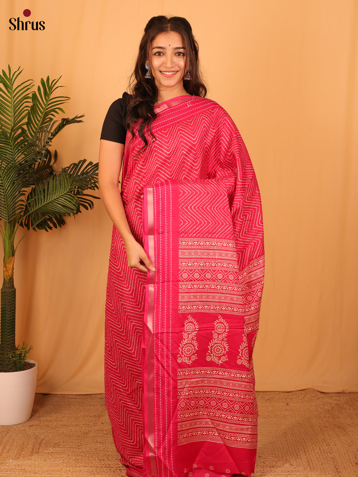 Pink - Semi Crepe Saree