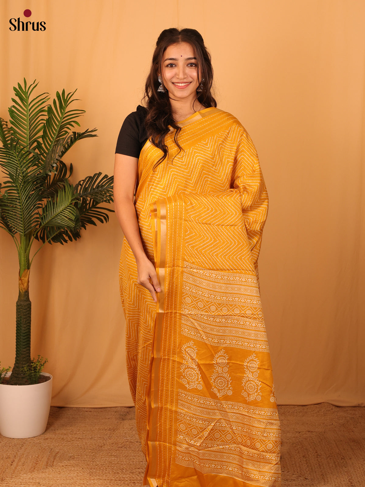 Mustard - Semi Crepe Saree