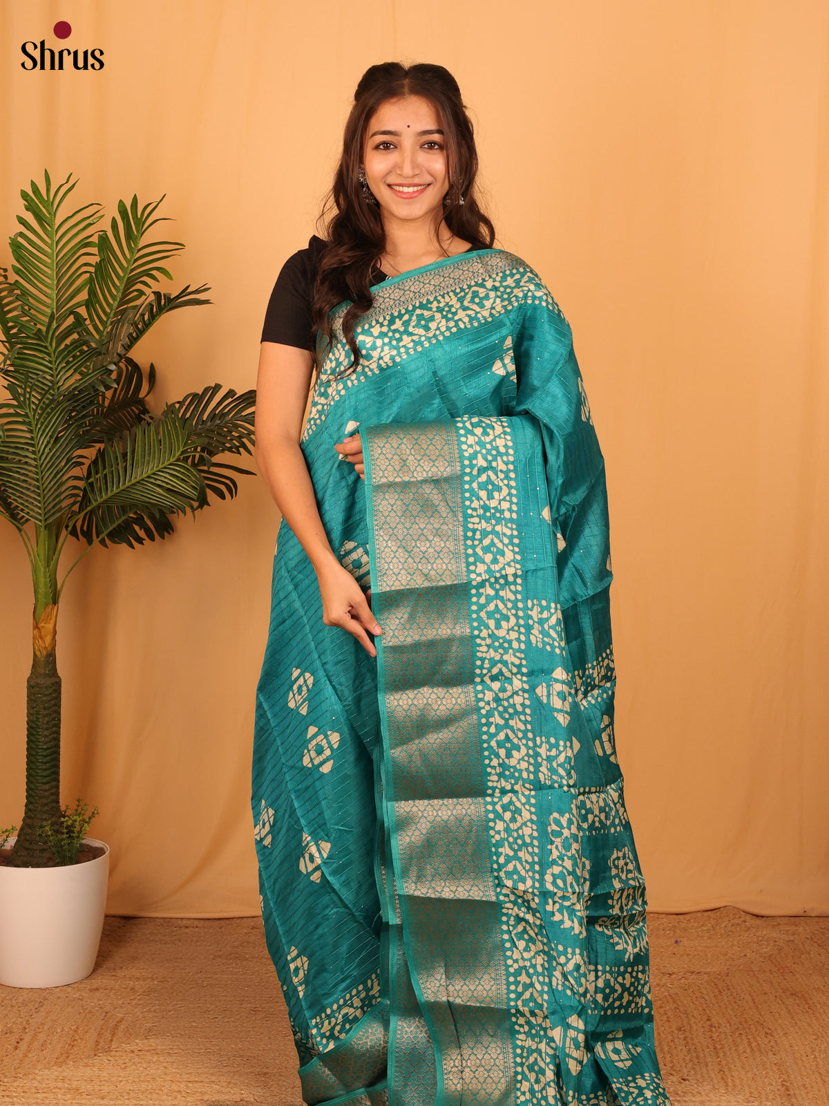 Teal - Semi Crepe Saree