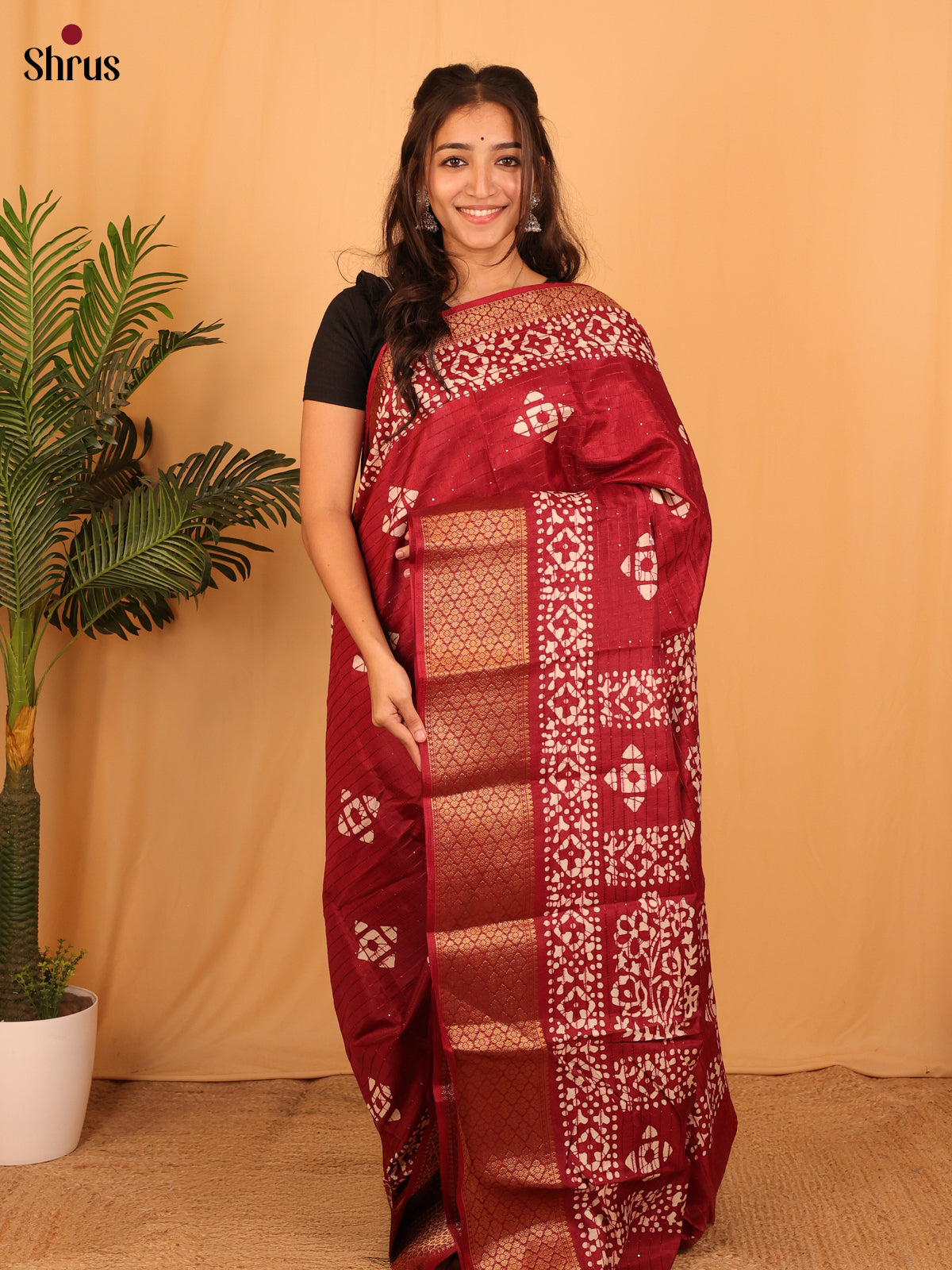 Maroon - Semi Crepe Saree