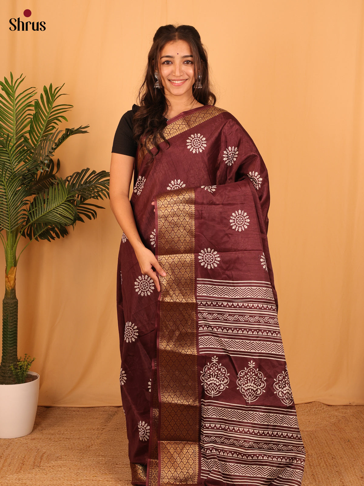 Brown - Semi Crepe Saree