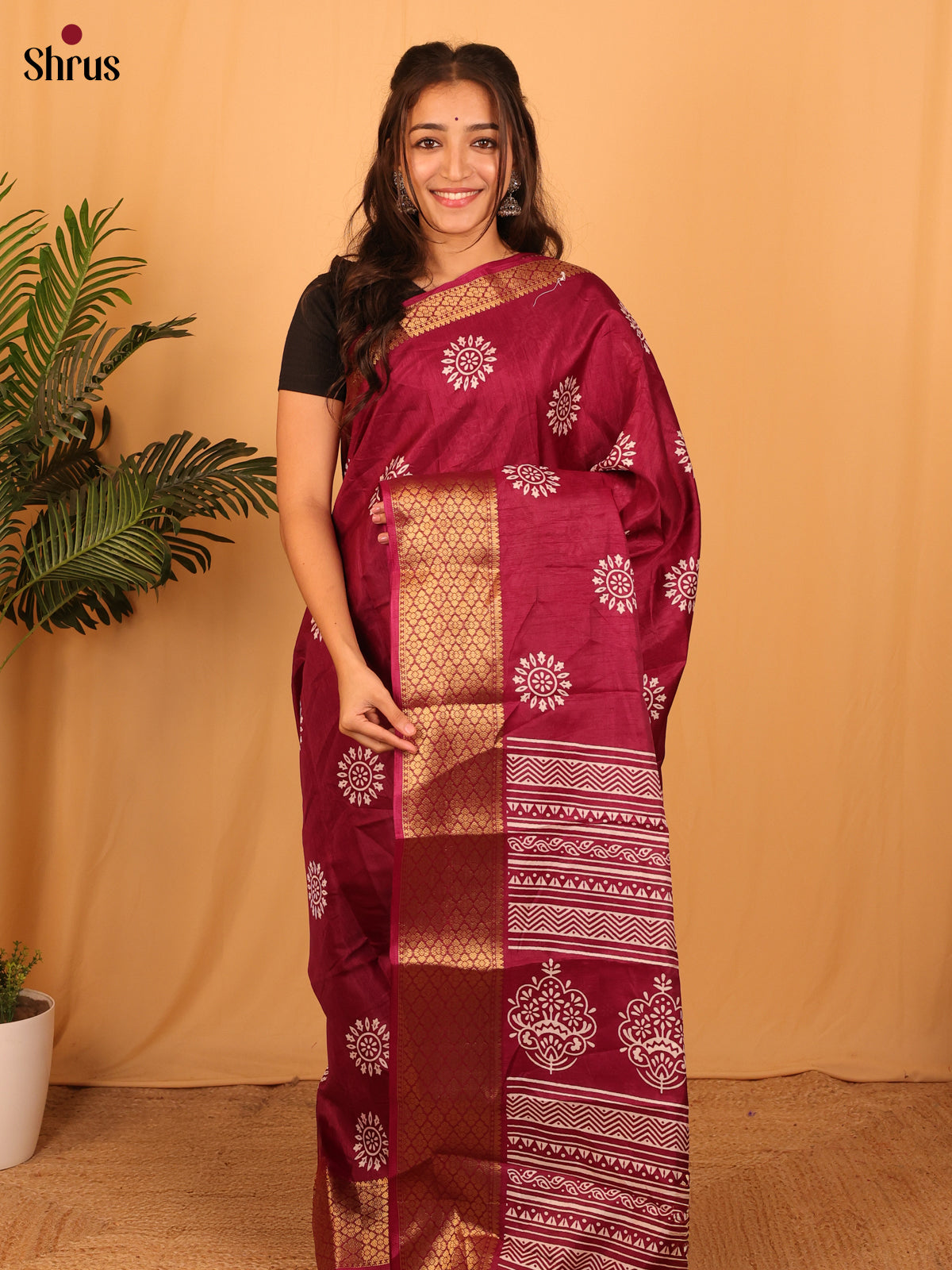 Maroon - Semi Crepe Saree