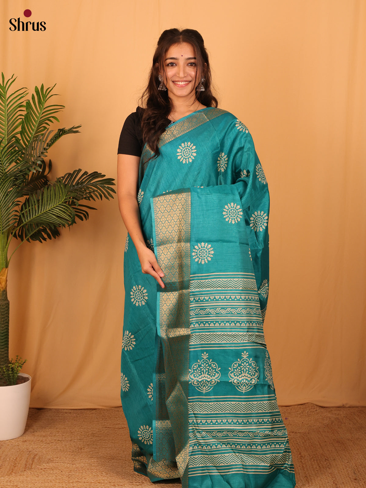 Teal - Semi Crepe Saree