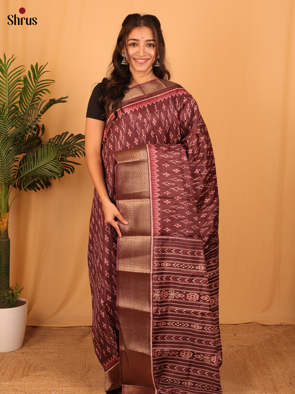 Brown - Semi Crepe Saree