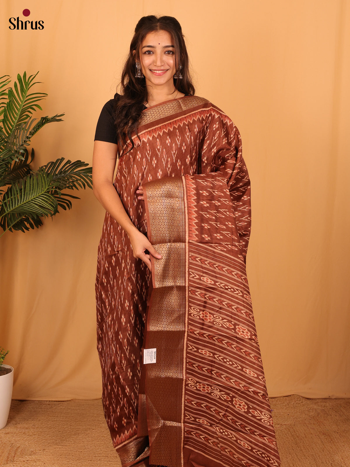 Brown - Semi Crepe Saree