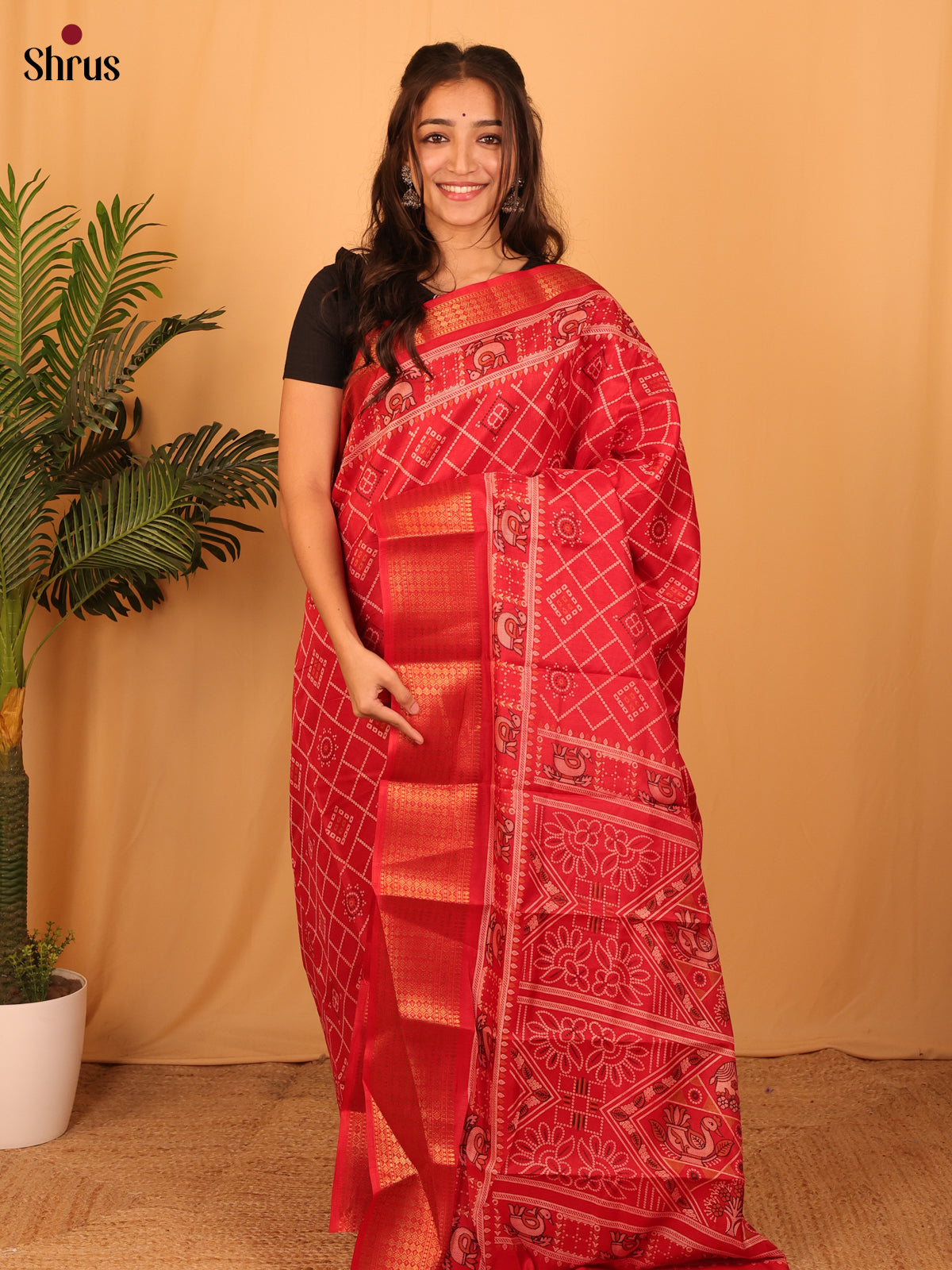 Red - Semi Crepe Saree