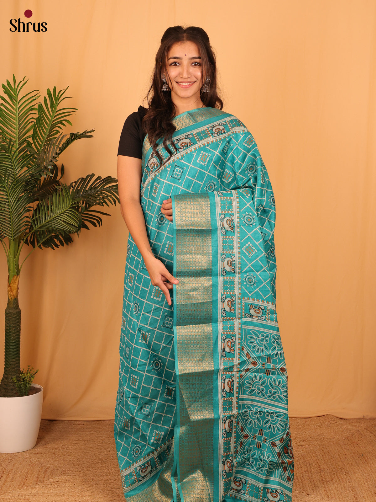 Teal - Semi Crepe Saree