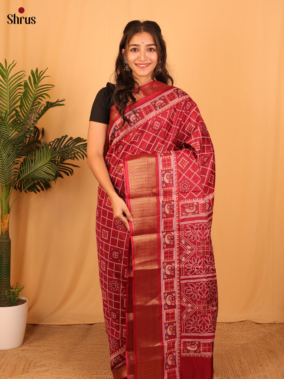 Maroon - Semi Crepe Saree