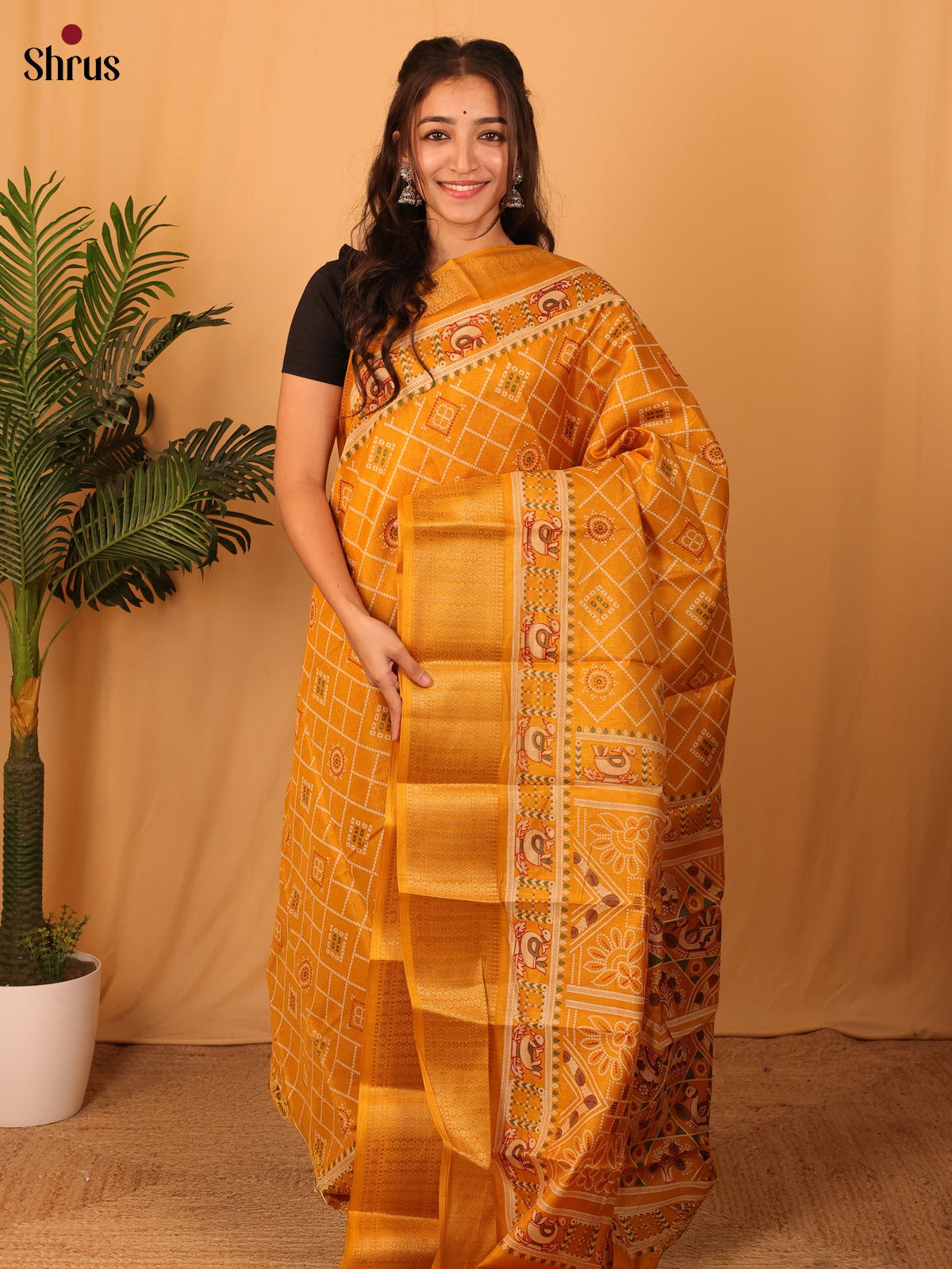 Mustard - Semi Crepe Saree