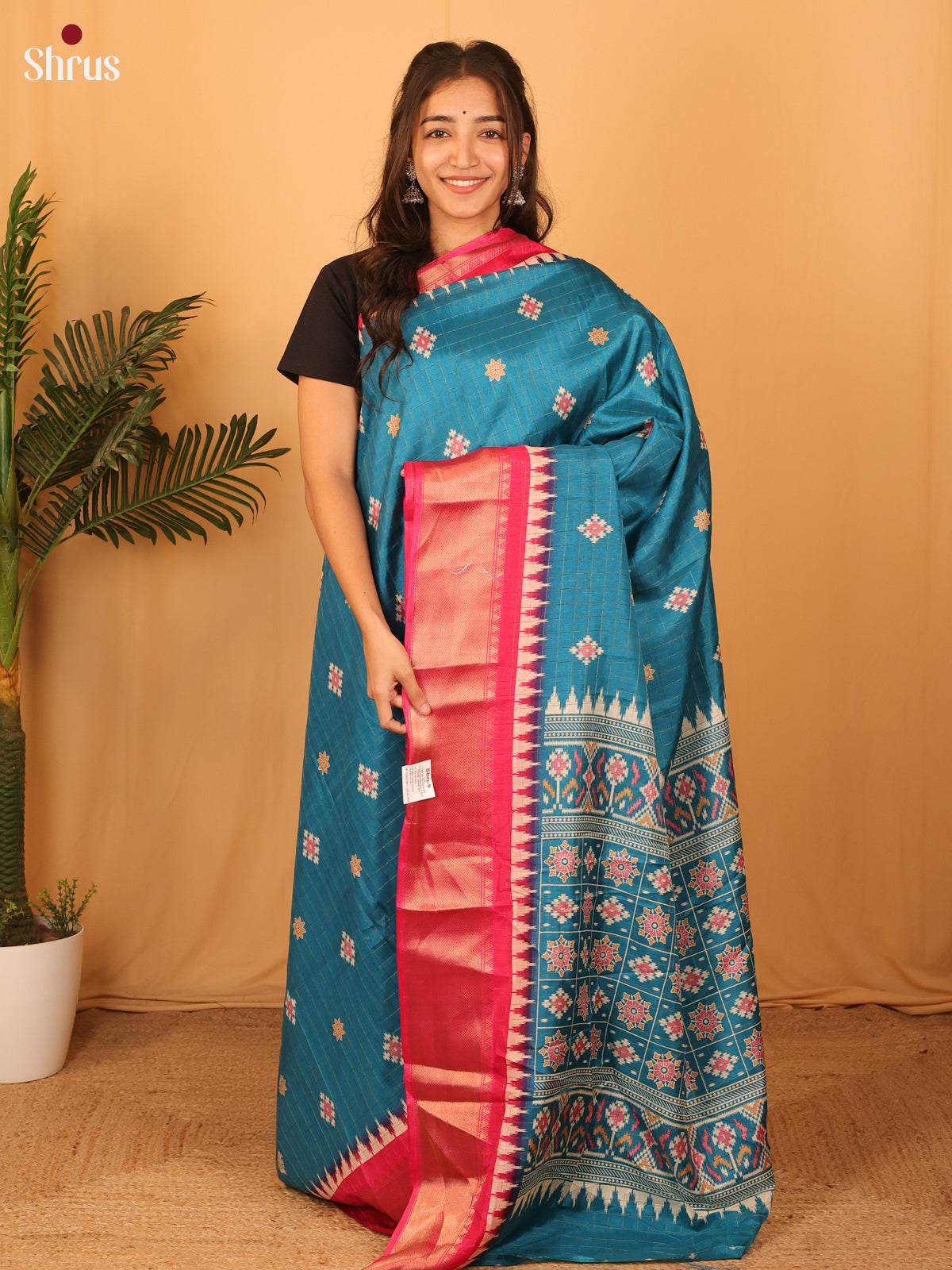 Blue & Pink - Semi Crepe Saree