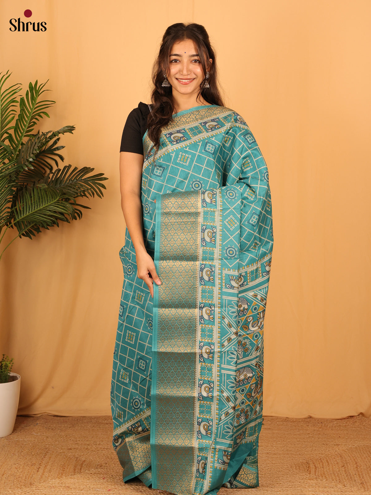 Teal - Semi Crepe Saree