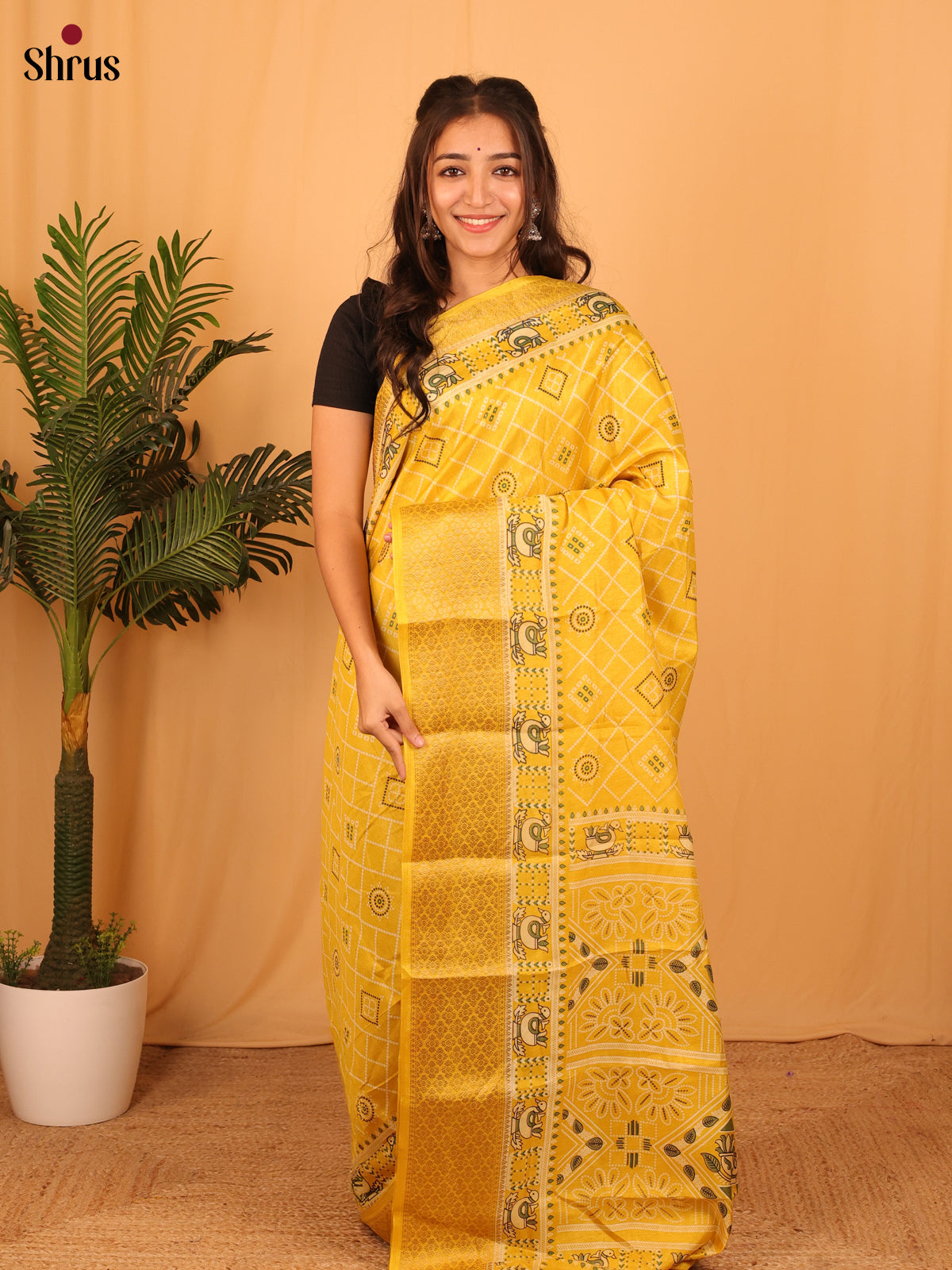 Yellow  - Semi Crepe Saree