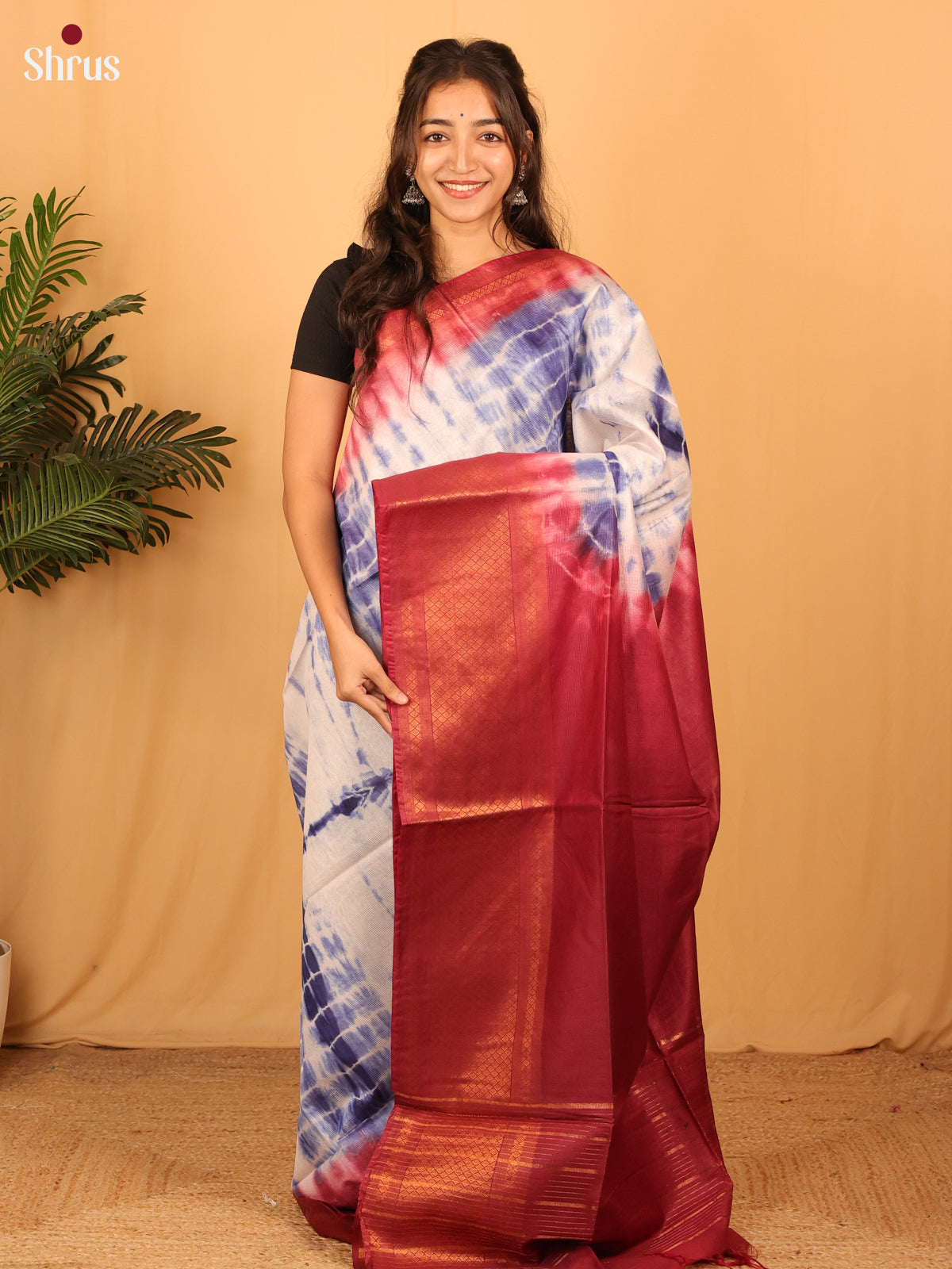 Cream , Violet & Maroon - Shibori Saree