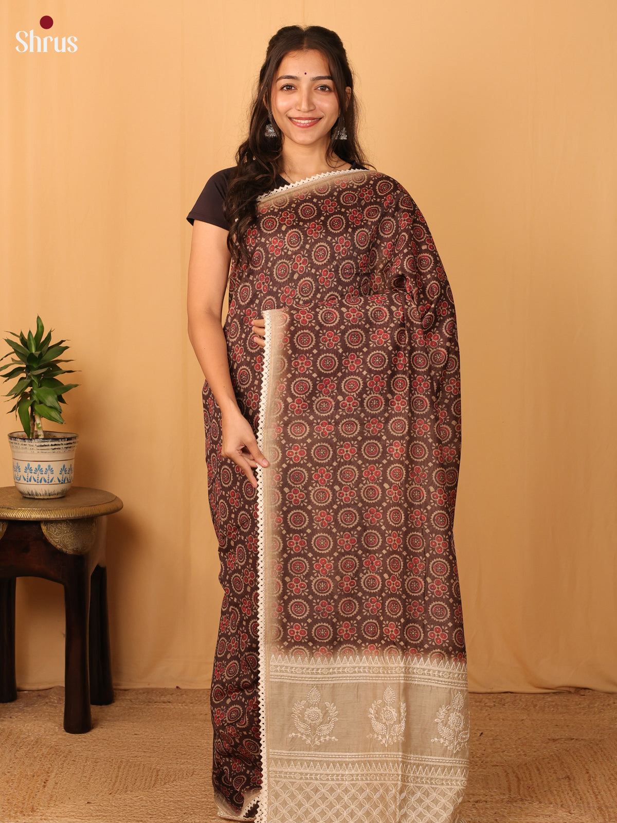 Brown & Cream - Semi Kantha Saree - Shop on Shrus.com