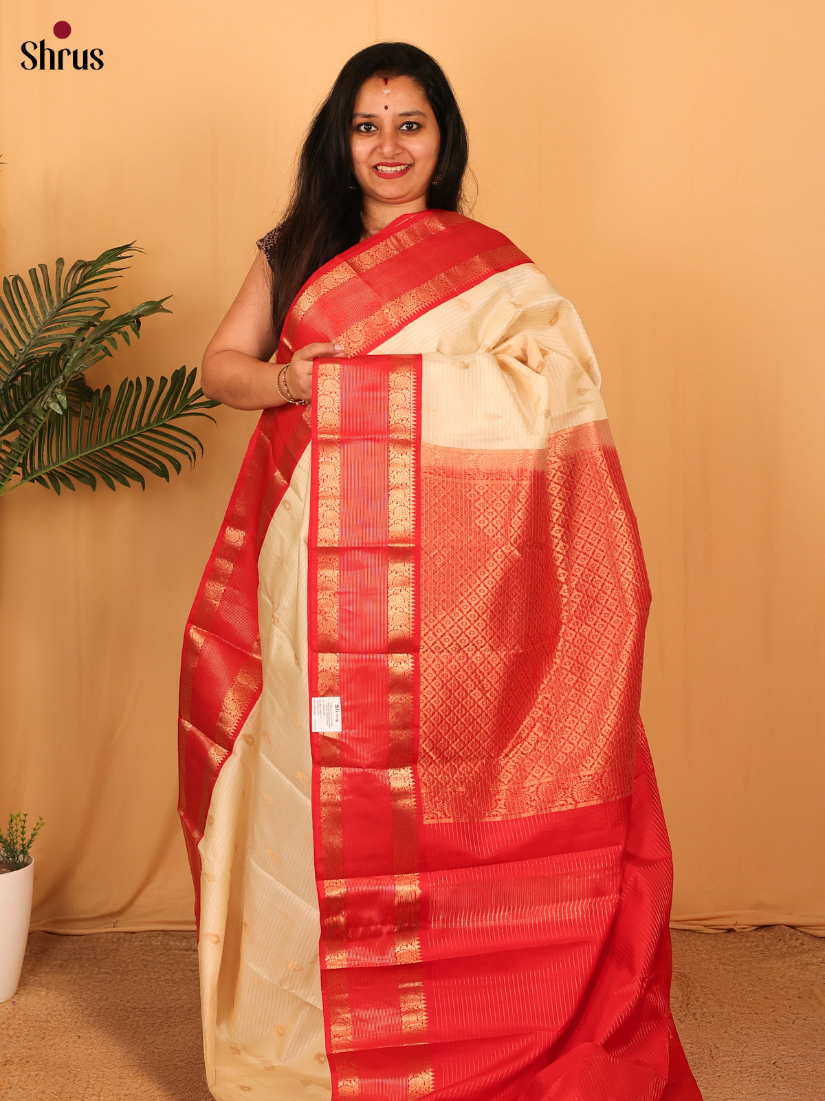 Cream & Red - Kanchipuram silk Saree