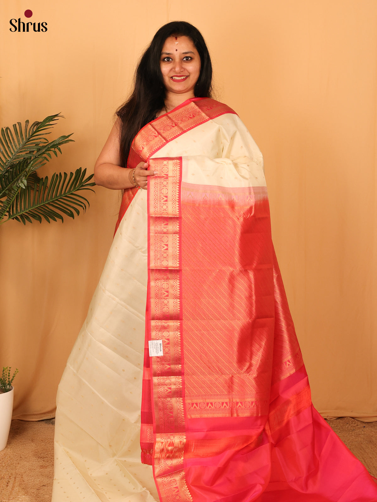 Cream & Red - Kanchipuram silk Saree