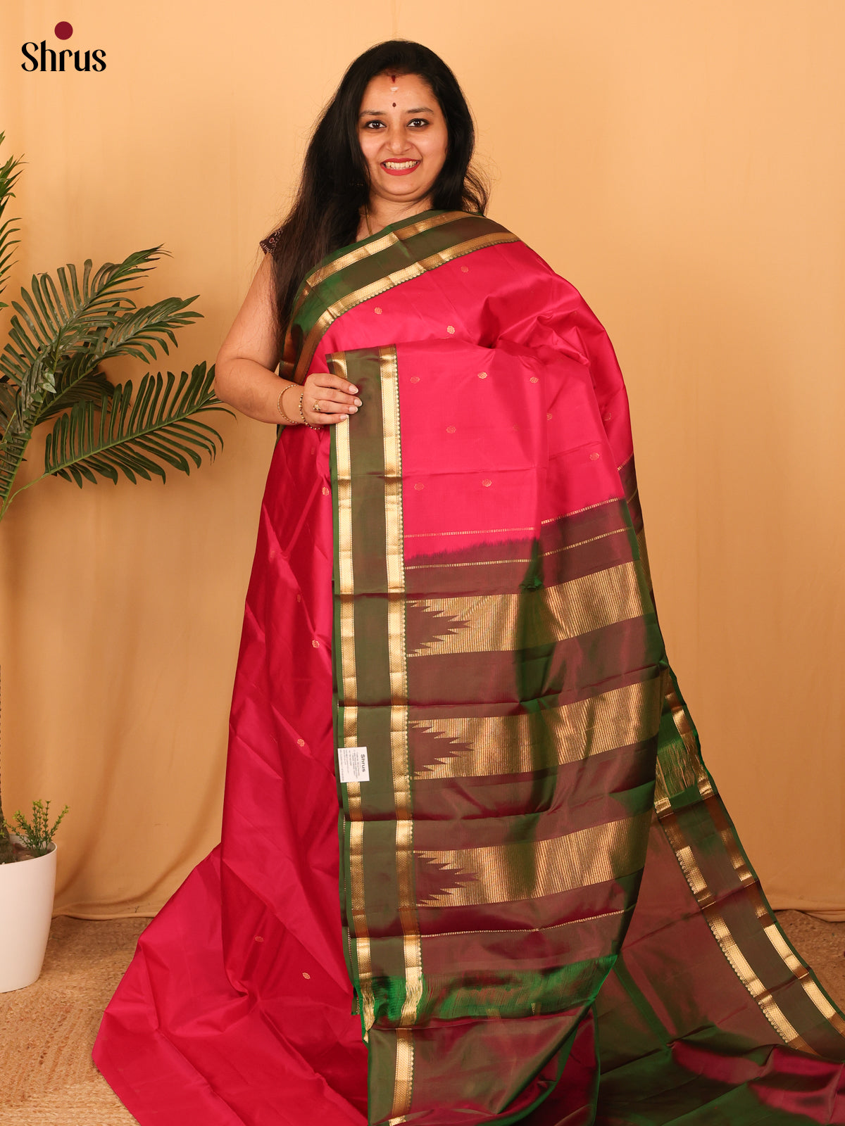 Reddish Pink & Green - Kanchipuram silk Saree