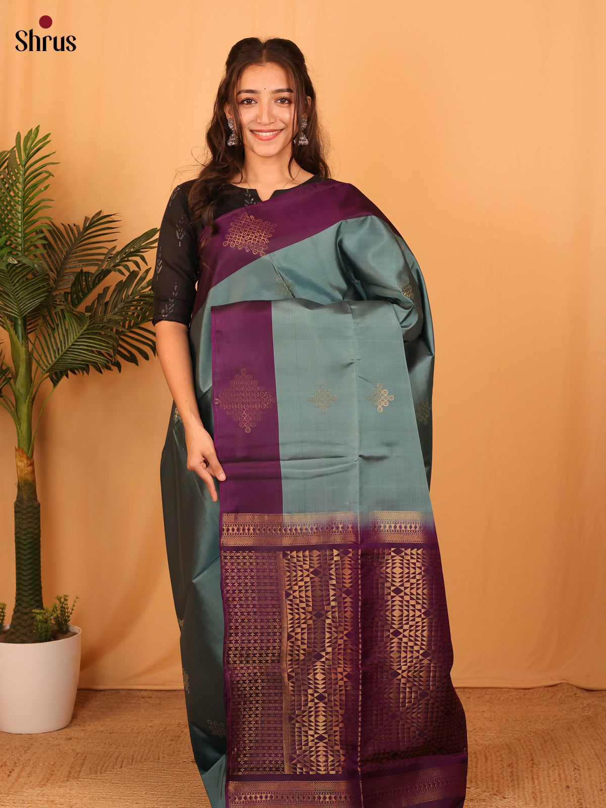 Greyish Blue & Purple - Softsilk-halfpure Saree