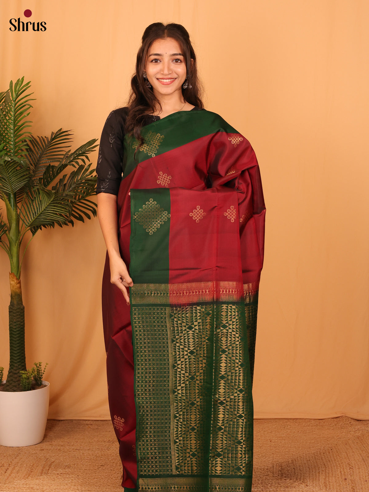 Maroon & Green - Softsilk-halfpure Saree