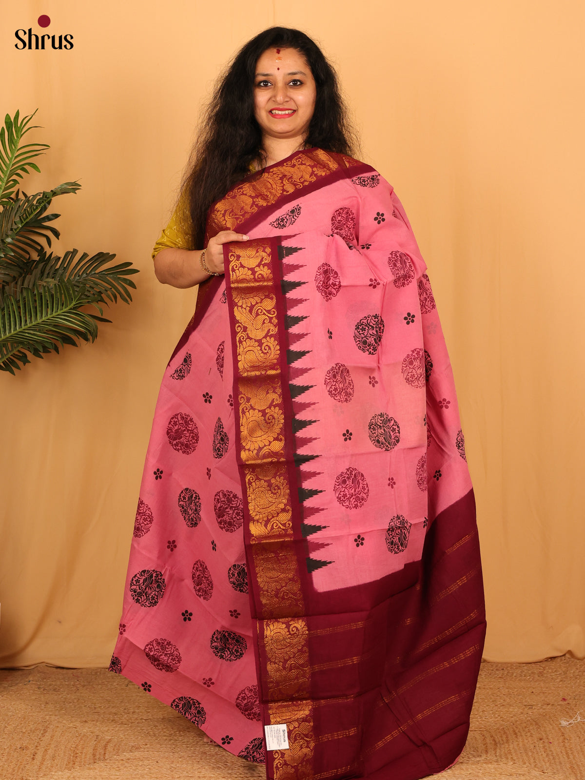 Pink & Maroon - Sungudi Cotton Saree