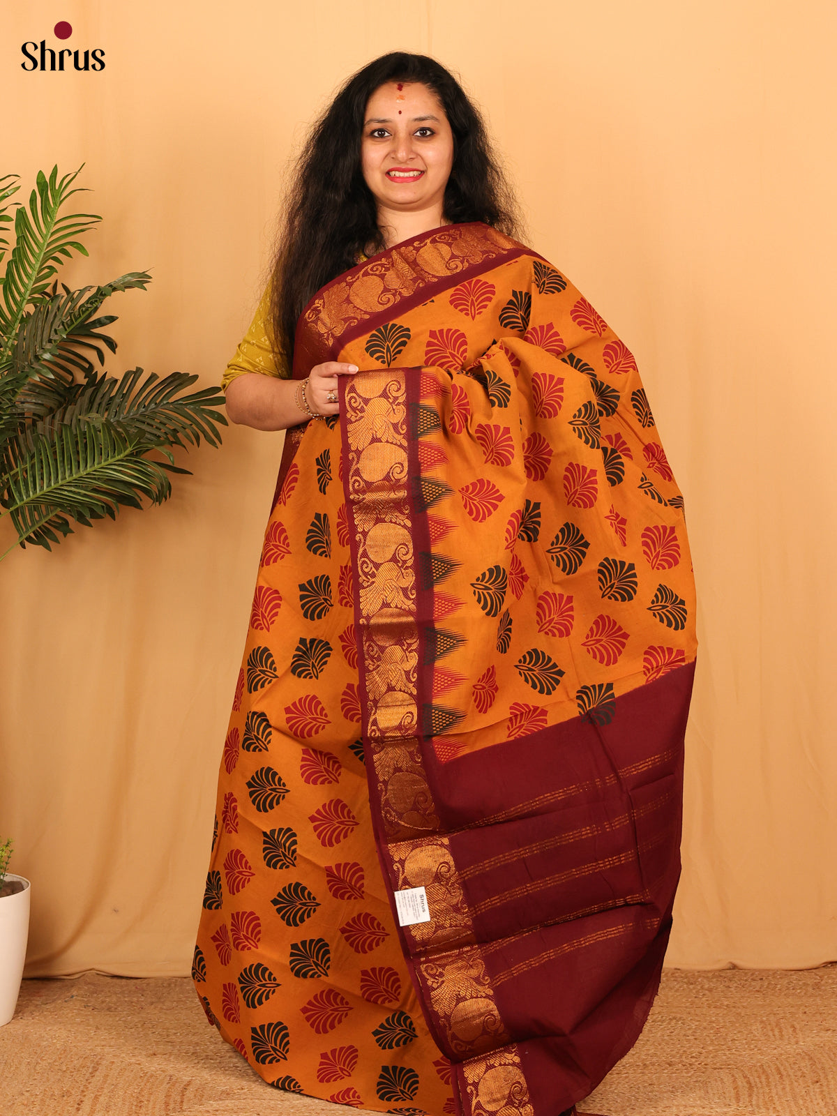 Mustard & Maroon- Sungudi Cotton Saree