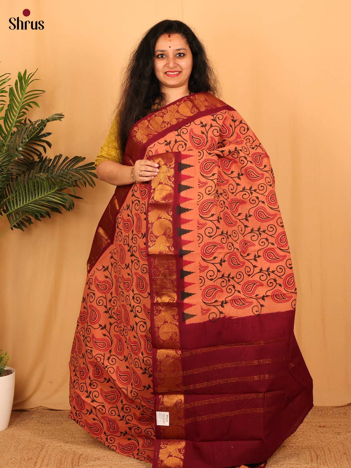 Peach & Maroon - Sungudi Cotton Saree