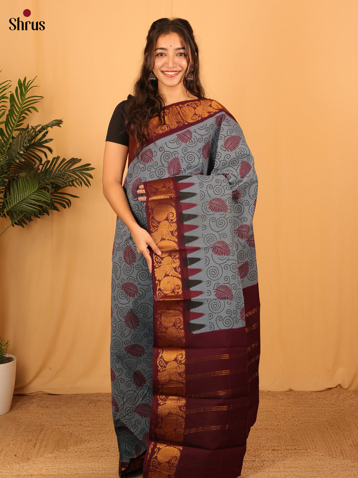 Grey & Maroon - Sungudi Cotton Saree