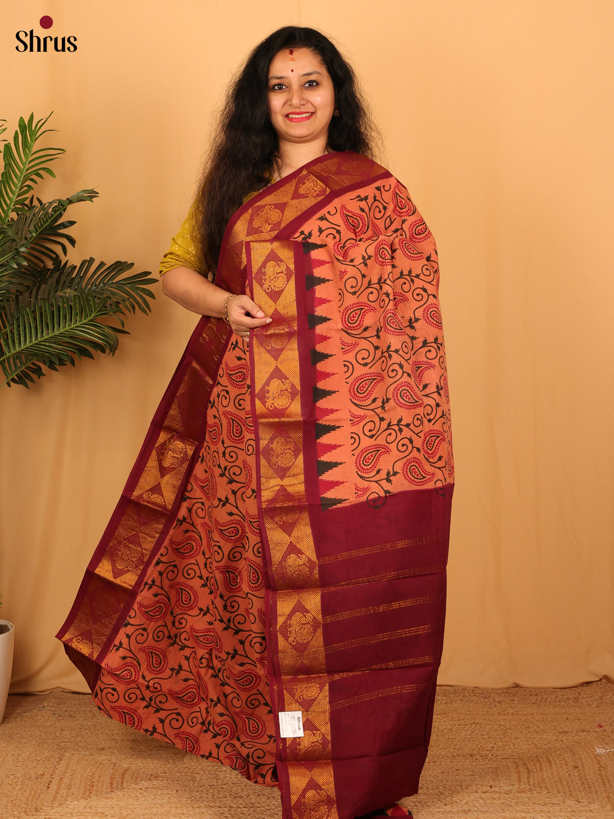 Peach &  Maroon - Sungudi Cotton Saree