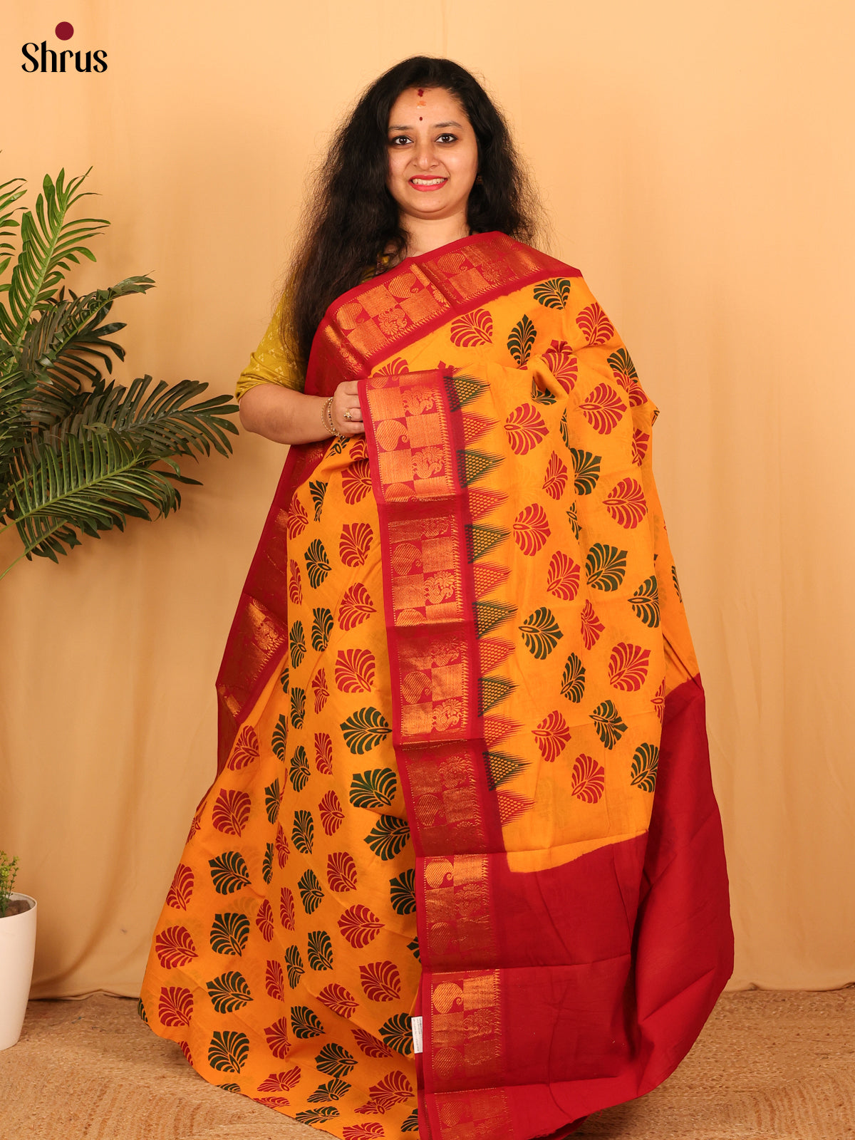 Mustard & Red - Sungudi Cotton Saree