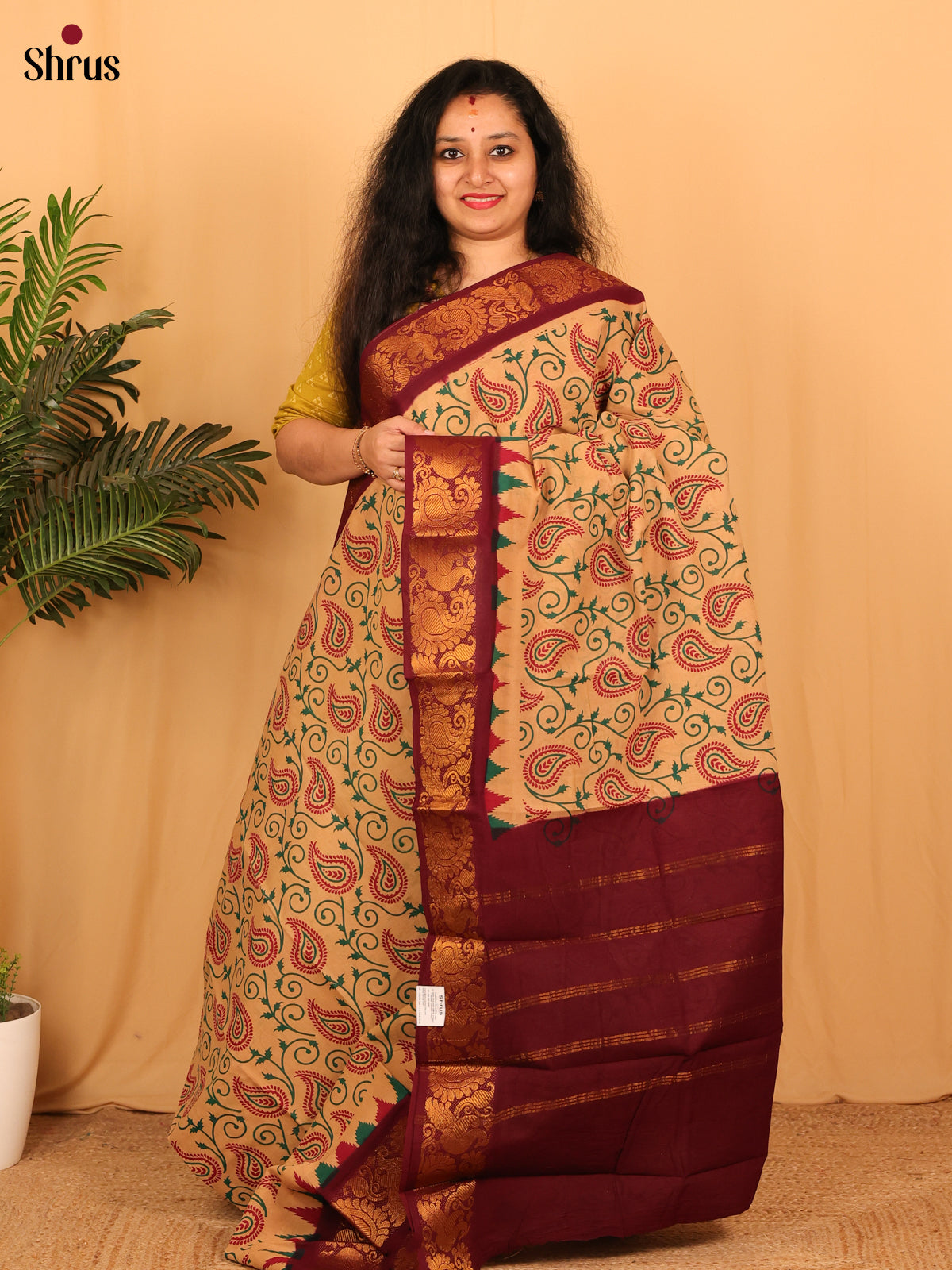 Peach & Maroon - Sungudi Cotton Saree