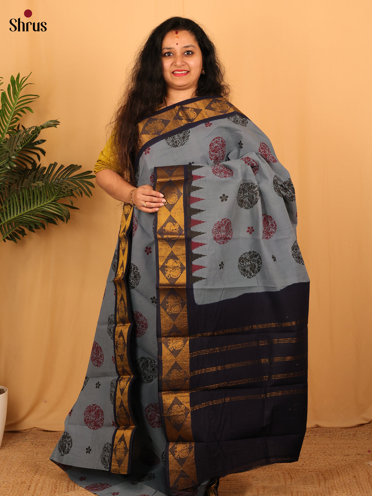 Grey - Sungudi Cotton Saree