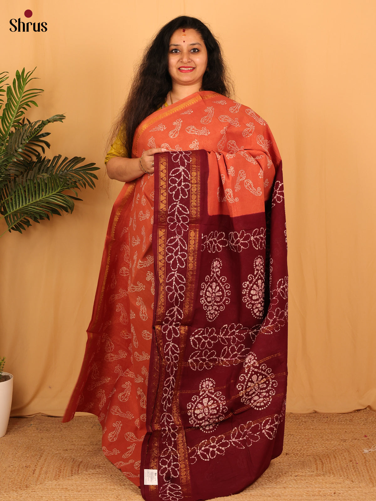 Brick & Maroon - Sungudi Cotton Saree