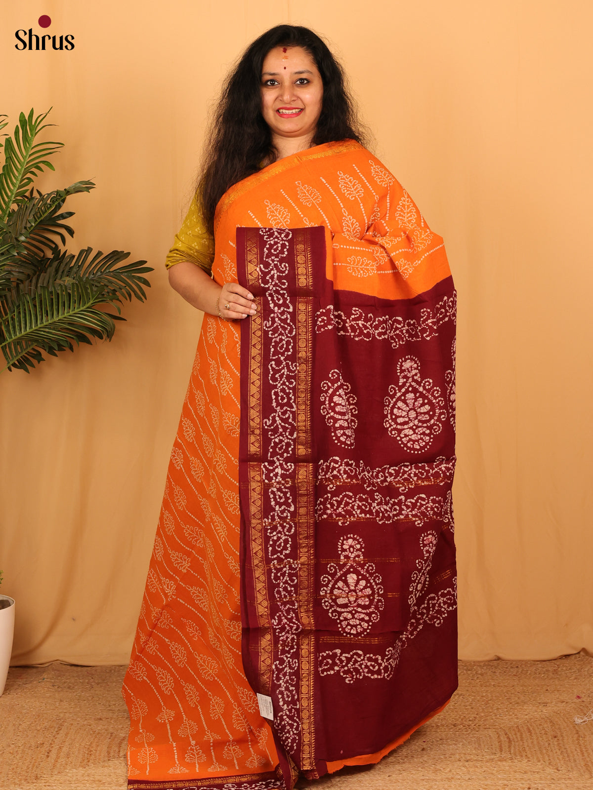 Orange & Maroon- Sungudi Cotton Saree