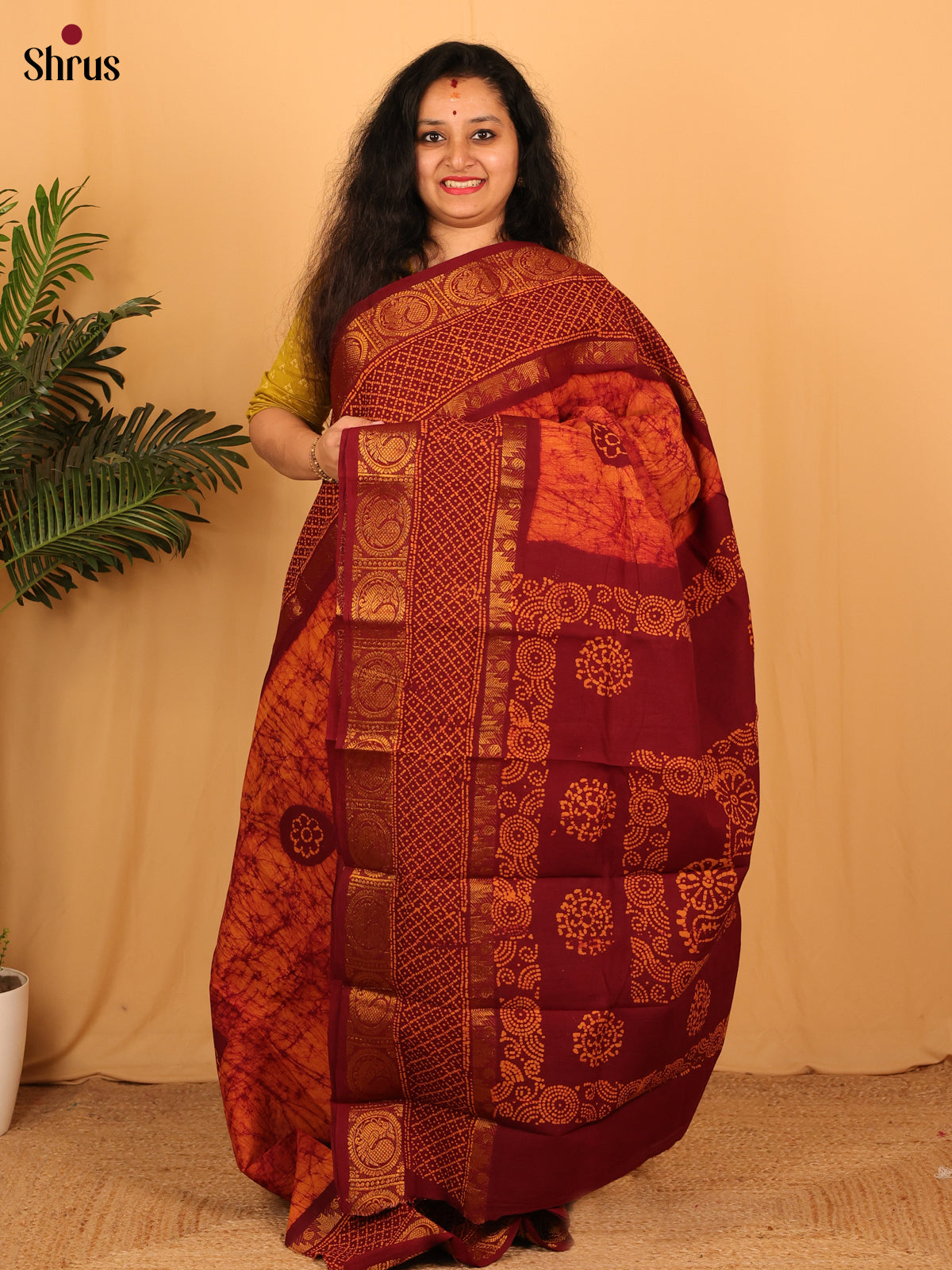 Orange & Maroon - Sungudi Cotton Saree