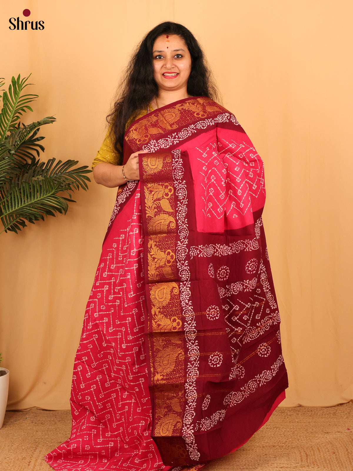 Pink & Maroon - Sungudi Cotton Saree