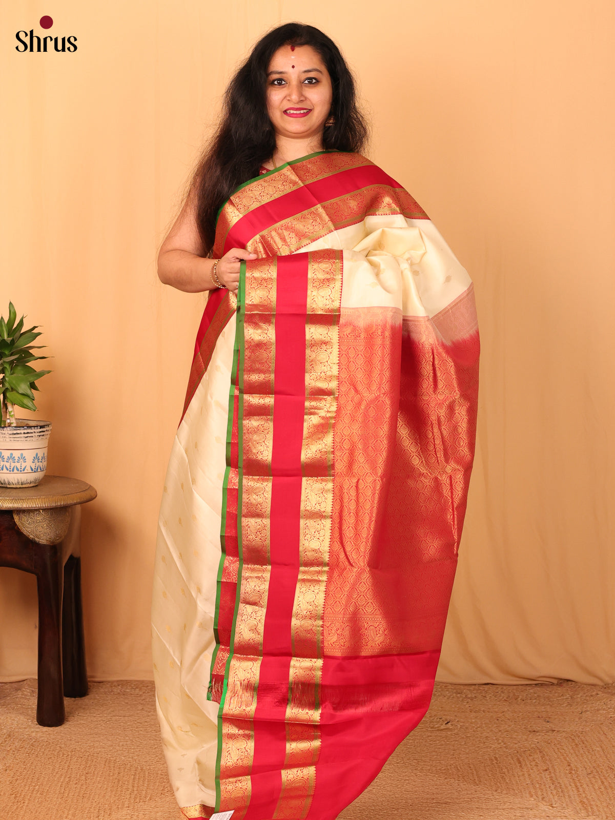 Cream & Red - Kanchipuram silk Saree