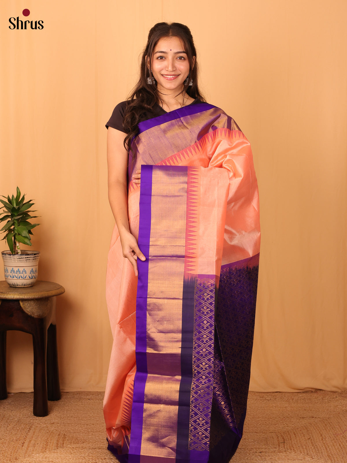 Peach & Violet- Silk Cotton Saree - Shop on Shrus.com