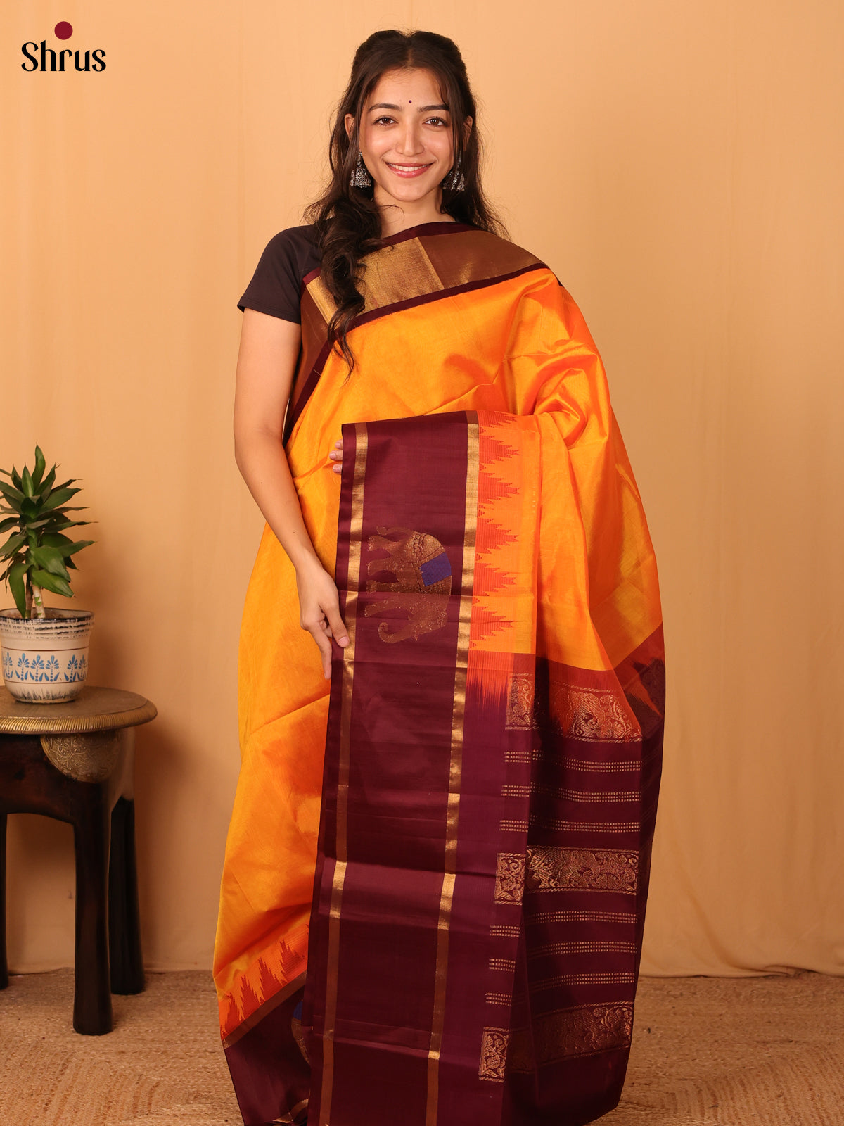 Sunset Orange & Brown - Silk Cotton Saree - Shop on Shrus.com