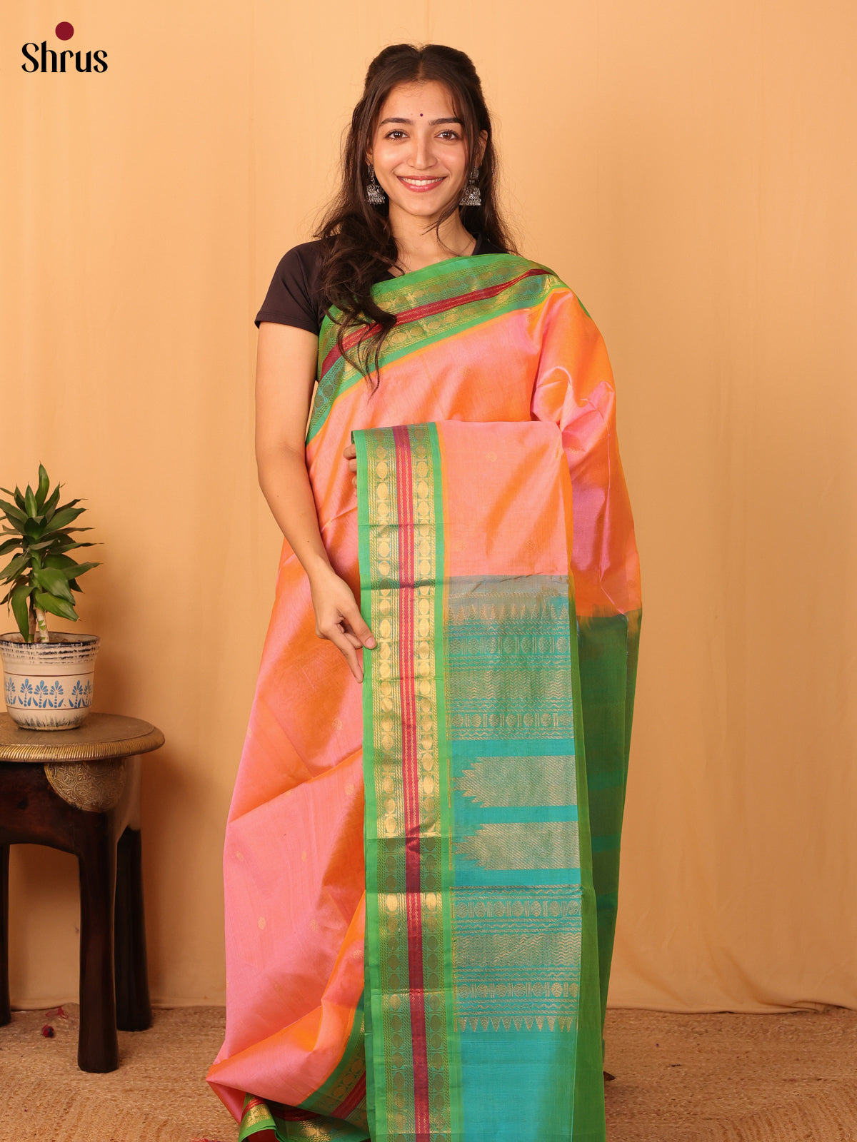 Peachish Pink & Teal Green- Silk Cotton Saree