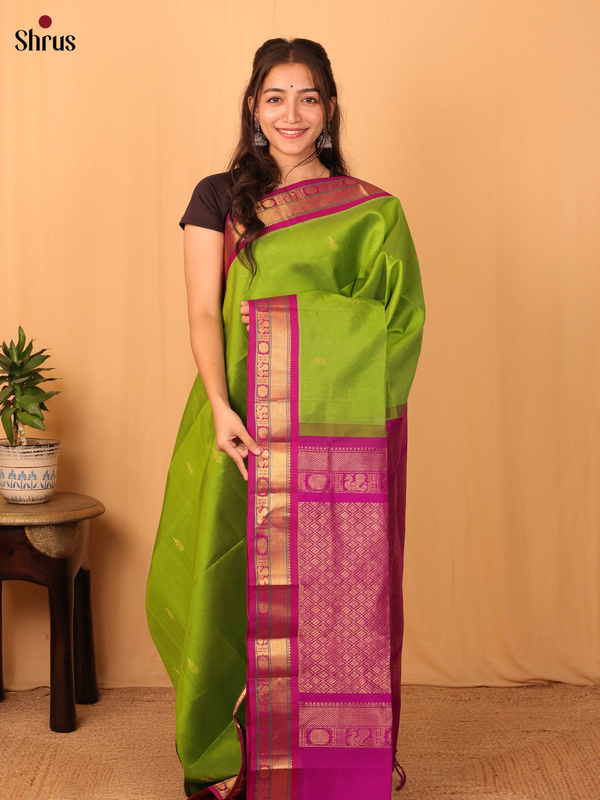 Parrot Green & Majenta - Silk Cotton Saree - Shop on Shrus.com