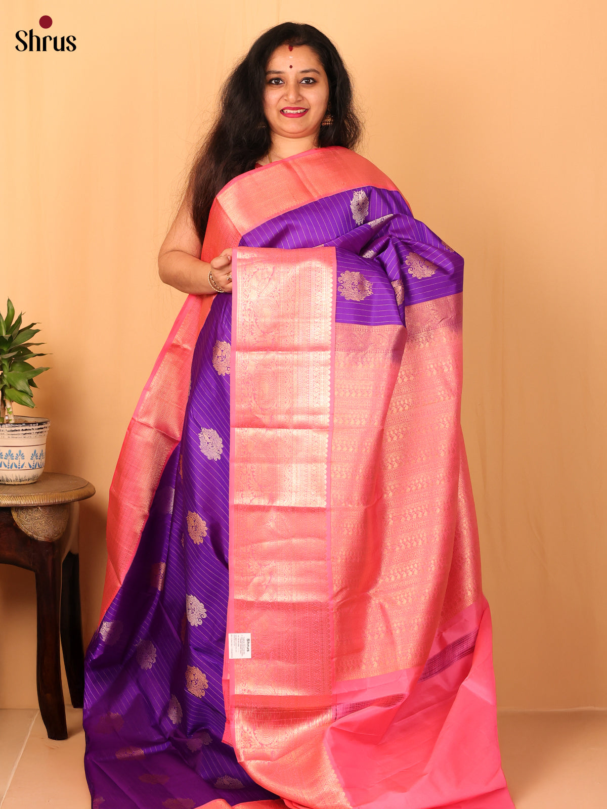 Violet & Pink  - Kanchipuram silk Saree - Shop on Shrus.com