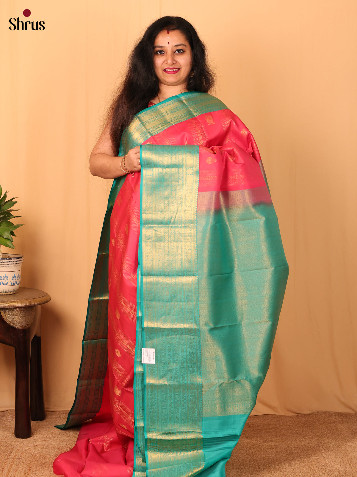Pink & Teal  - Kanchipuram silk Saree - Shop on Shrus.com
