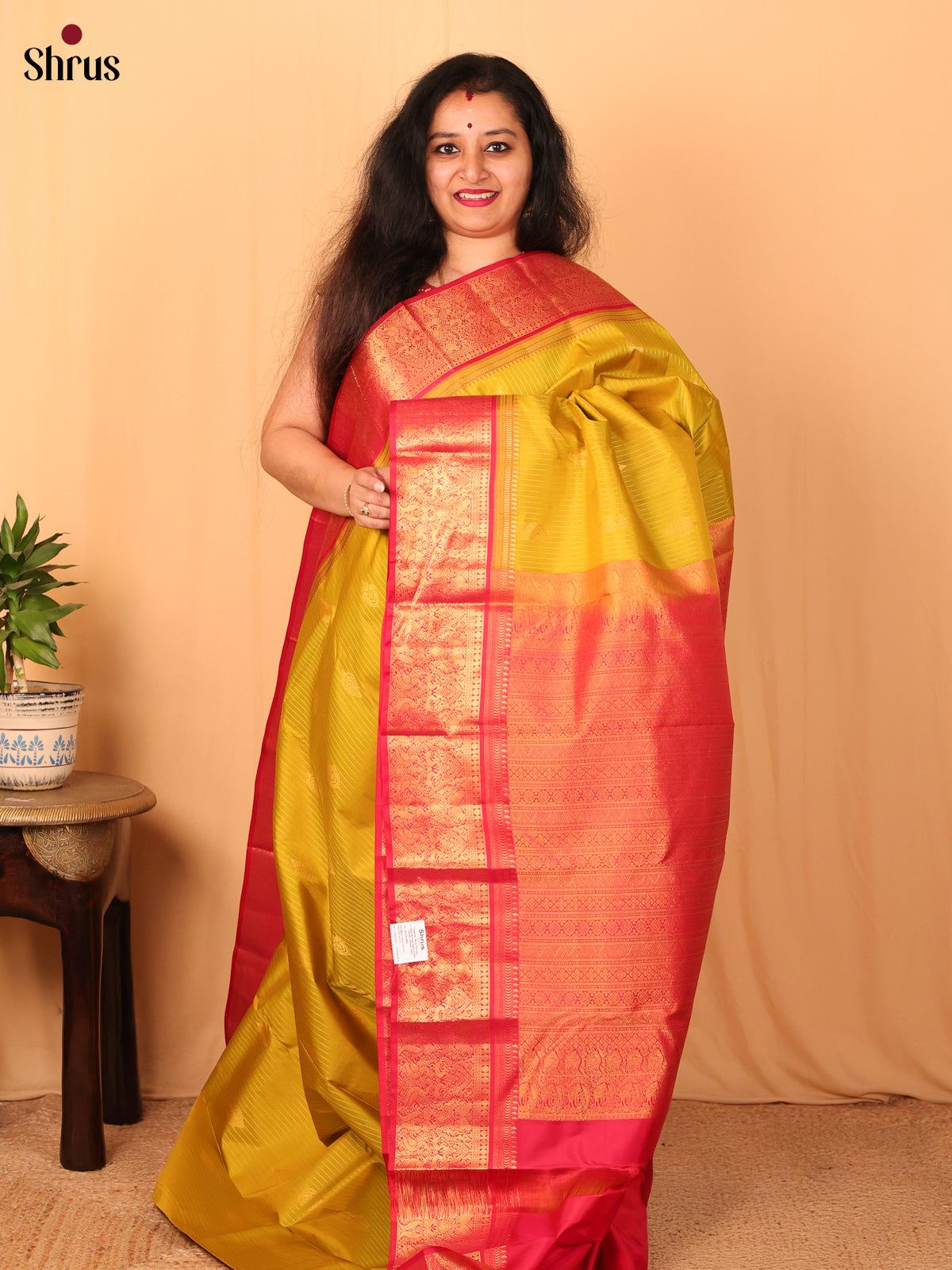 Mustardy Green & Red- Kanchipuram silk Saree